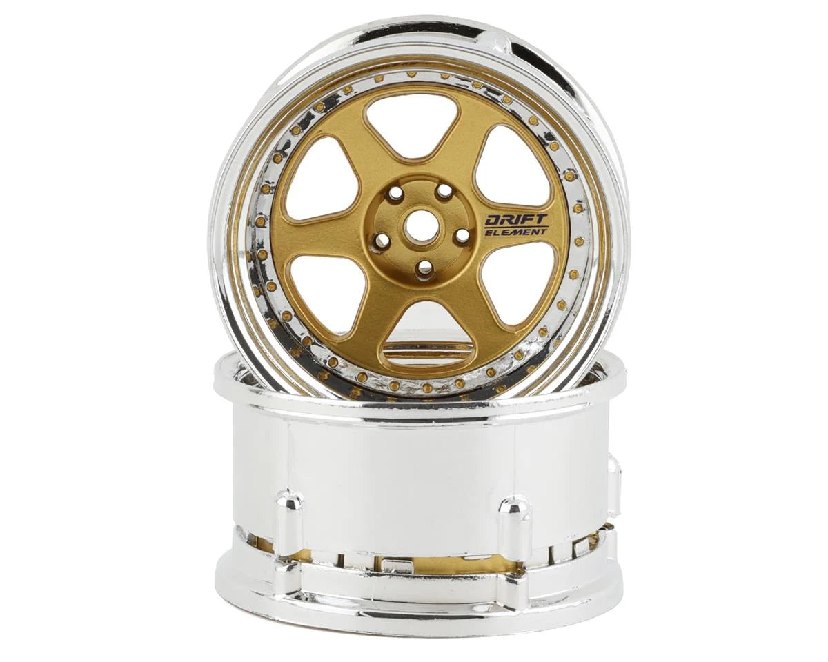 DS Racing Drift Element 6 Spoke Drift Wheels (Gold & Chrome w/Gold Rivets) (2) (Adjustable Offset)