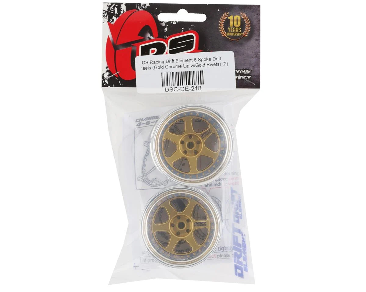 DS Racing Drift Element 6 Spoke Drift Wheels (Gold & Chrome w/Gold Rivets) (2) (Adjustable Offset)